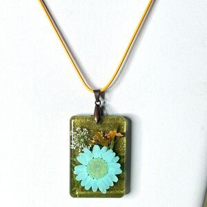 Handmade Resin Pendant Neckace Blue Orange Dried Flowers 18" Wax Cord New
